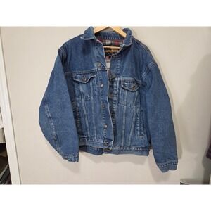 Guide Gear Mens XL Denim Trucker Jacket Plaid Flannel Lined Blue Cotton Workwear